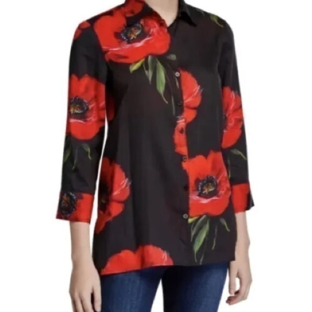 Finley Poppy Print 3/4 sleeve button down blouse